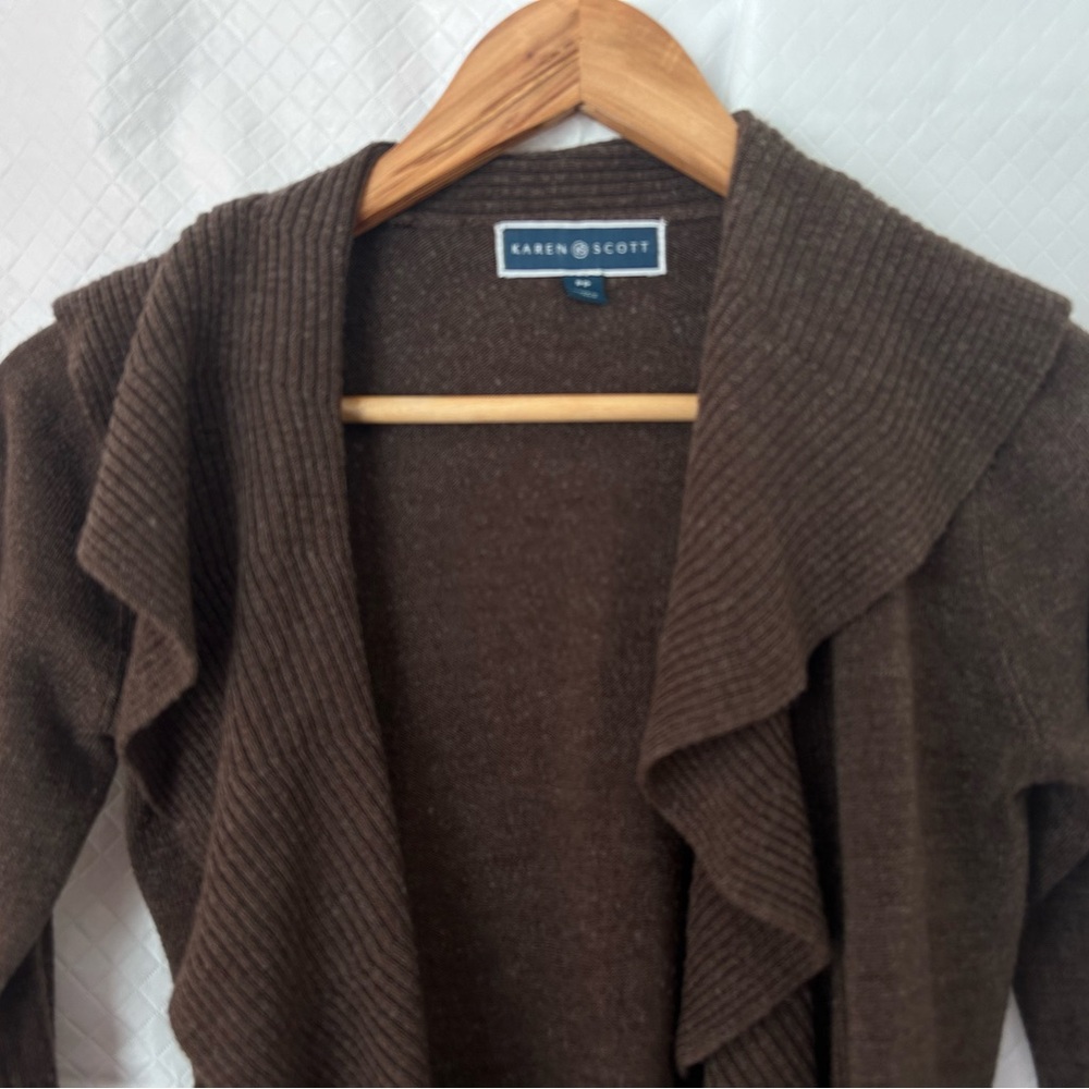 Scott Women's Dark Brown Ruffle Cardigan Sweater - Picture 3 of 6